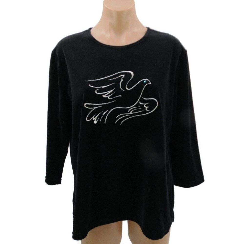 Vintage 90s Top Stitch Black Velvety Velour Dove Size L Large Silver Morning Sun